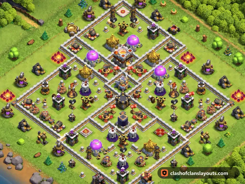 TH11 Hybrid Base Layout 51: Clash of Clans Town Hall 11 hybrid base layout, full base picture