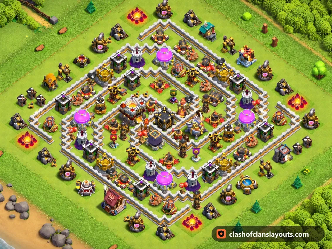 TH11 Trophy Base Layout 125: Clash of Clans Town Hall 11 trophy base layout, full base picture