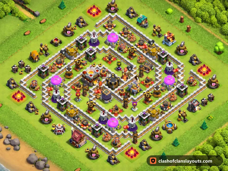 TH11 Trophy Base Layout 125: Clash of Clans Town Hall 11 trophy base layout, full base picture