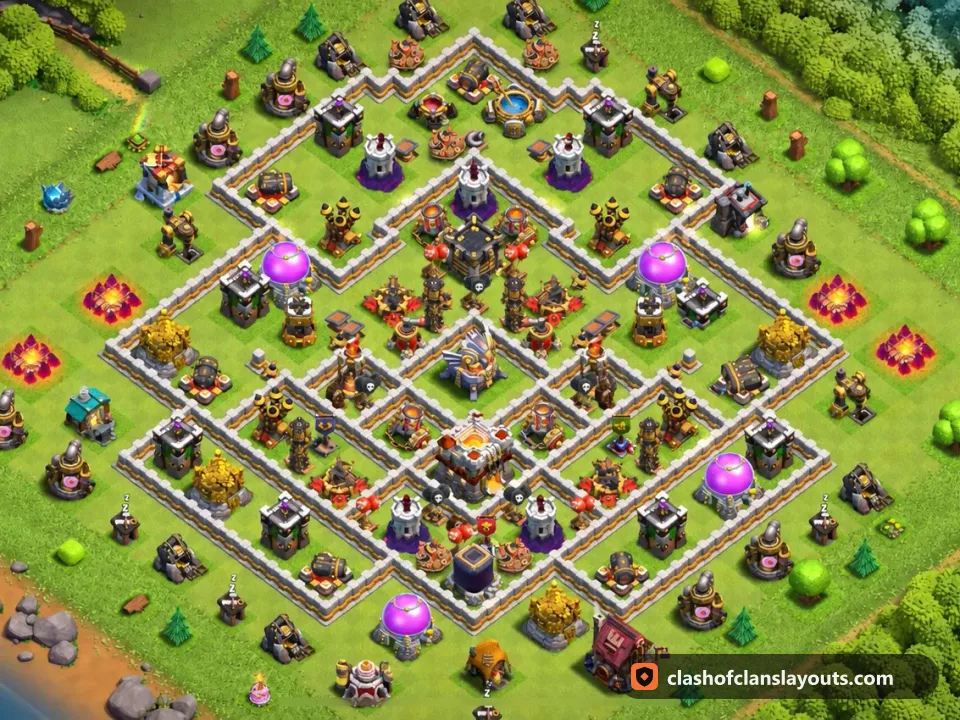 TH11 Trophy Base Layout 128: Clash of Clans Town Hall 11 trophy base layout, full base picture