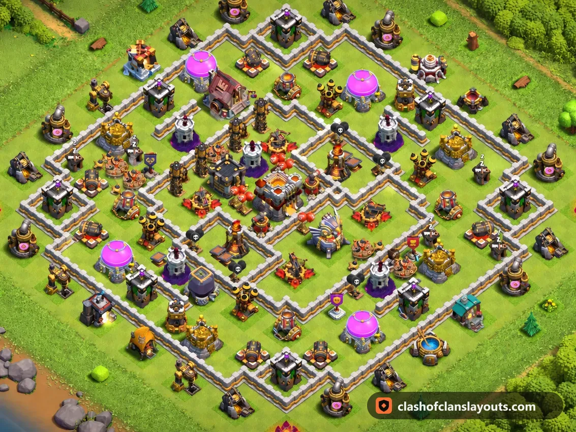 TH11 Trophy Base Layout 130: Clash of Clans Town Hall 11 trophy base layout, full base picture