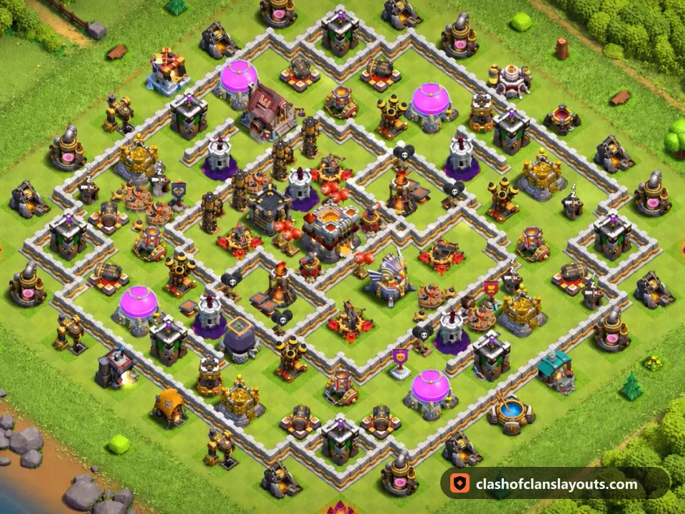TH11 Trophy Base Layout 130: Clash of Clans Town Hall 11 trophy base layout, full base picture