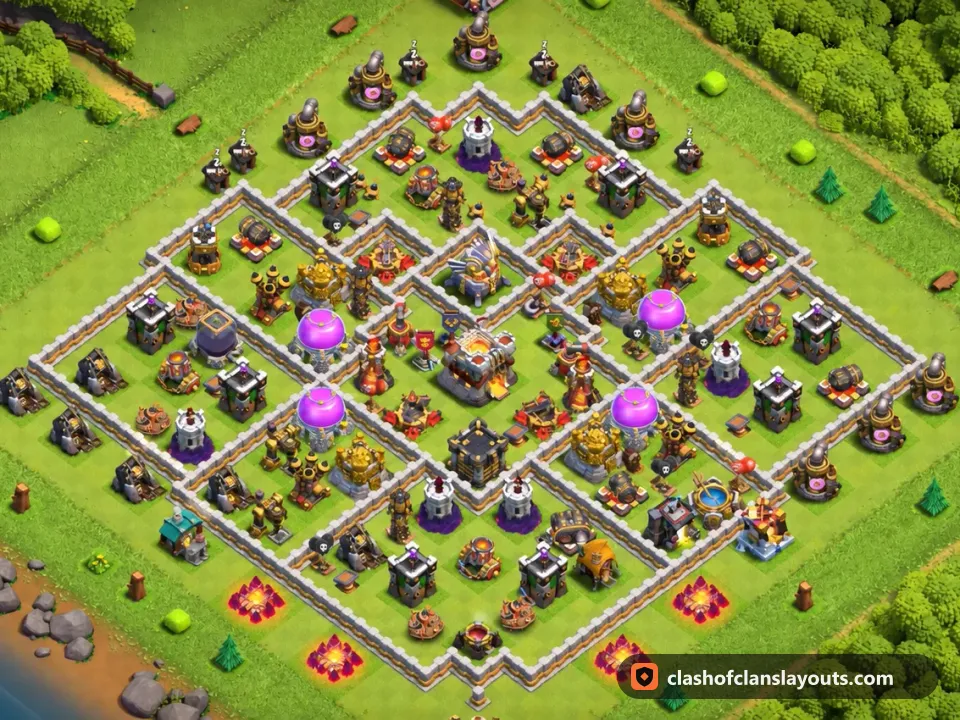 TH11 Trophy Base Layout 132: Clash of Clans Town Hall 11 trophy base layout, full base picture
