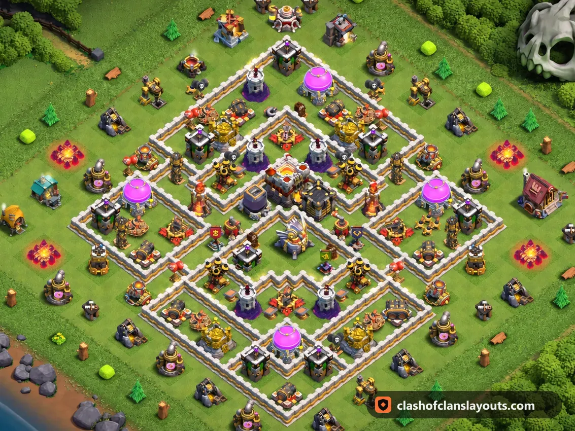 TH11 Trophy Base Layout 133: Clash of Clans Town Hall 11 trophy base layout, full base picture
