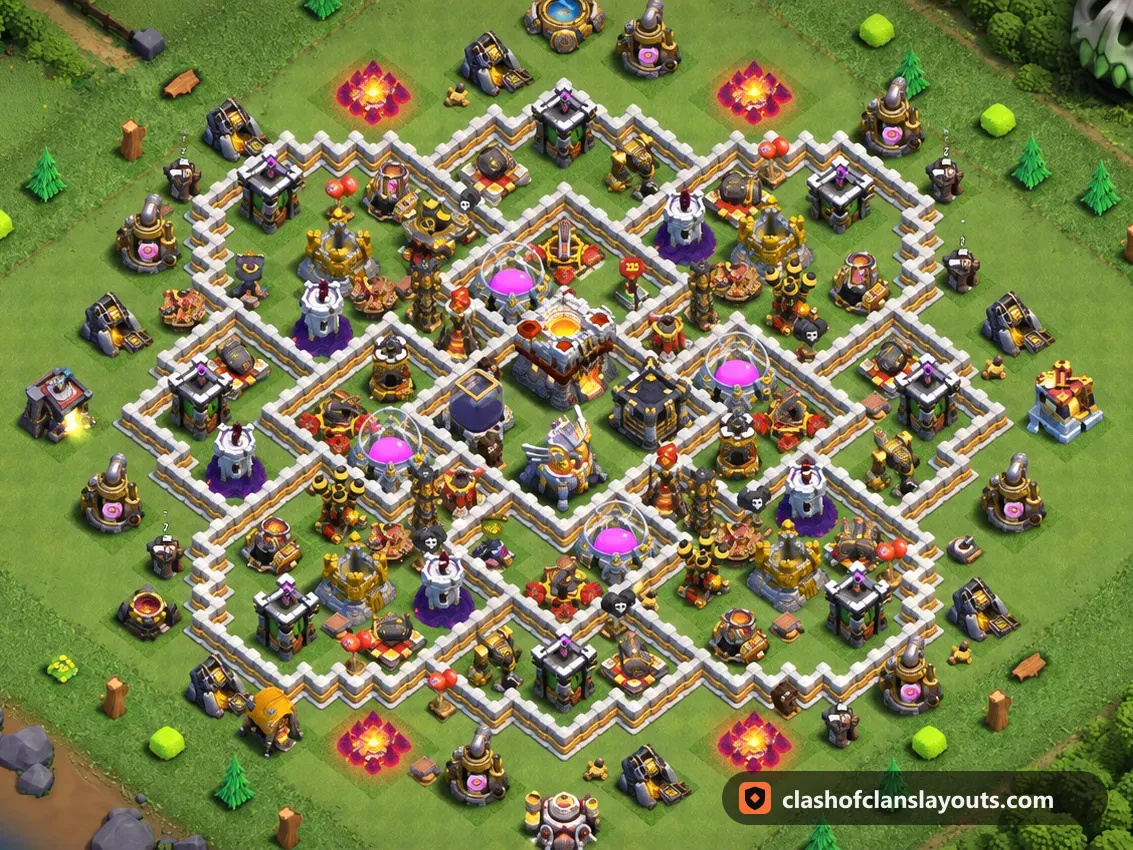 Base de Troféus TH11 134: layout de base de troféus de Clash of Clans para Centro de Vila 11, imagem completa da base