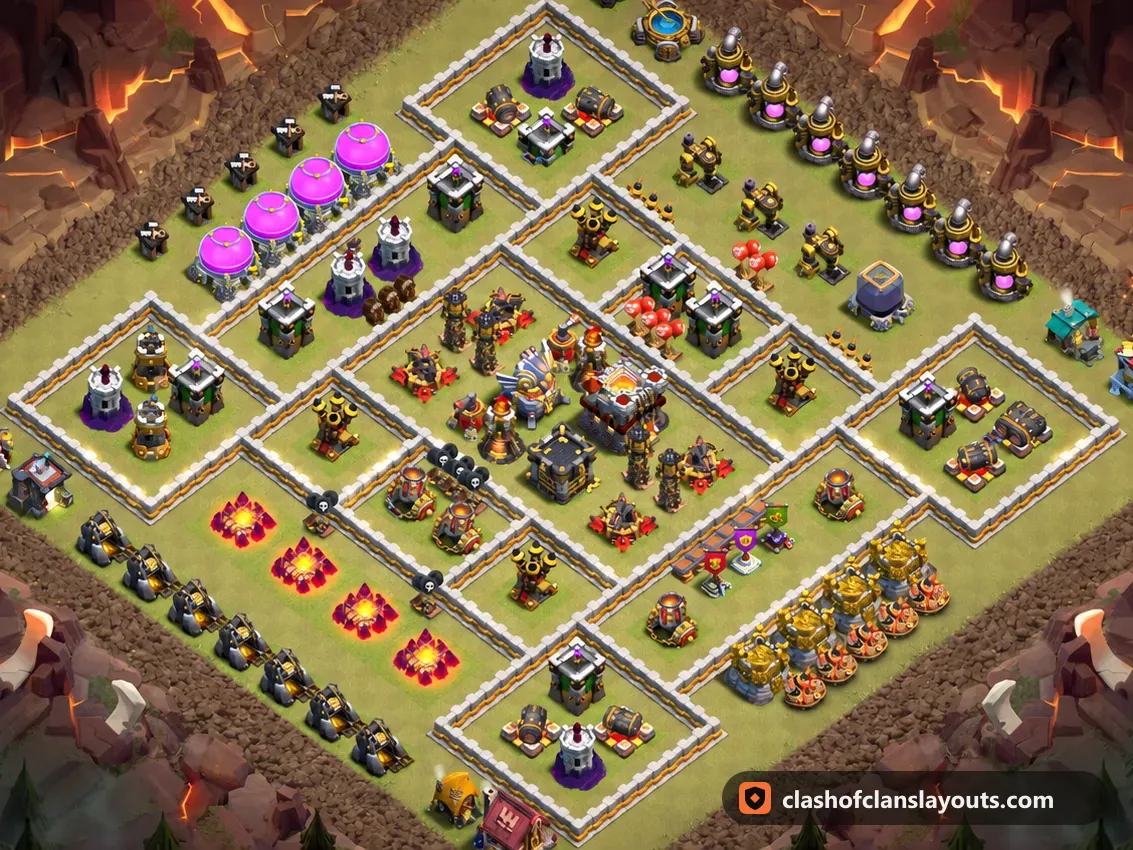 TH11 War Base Layout 198: Clash of Clans Town Hall 11 war base layout, full base picture