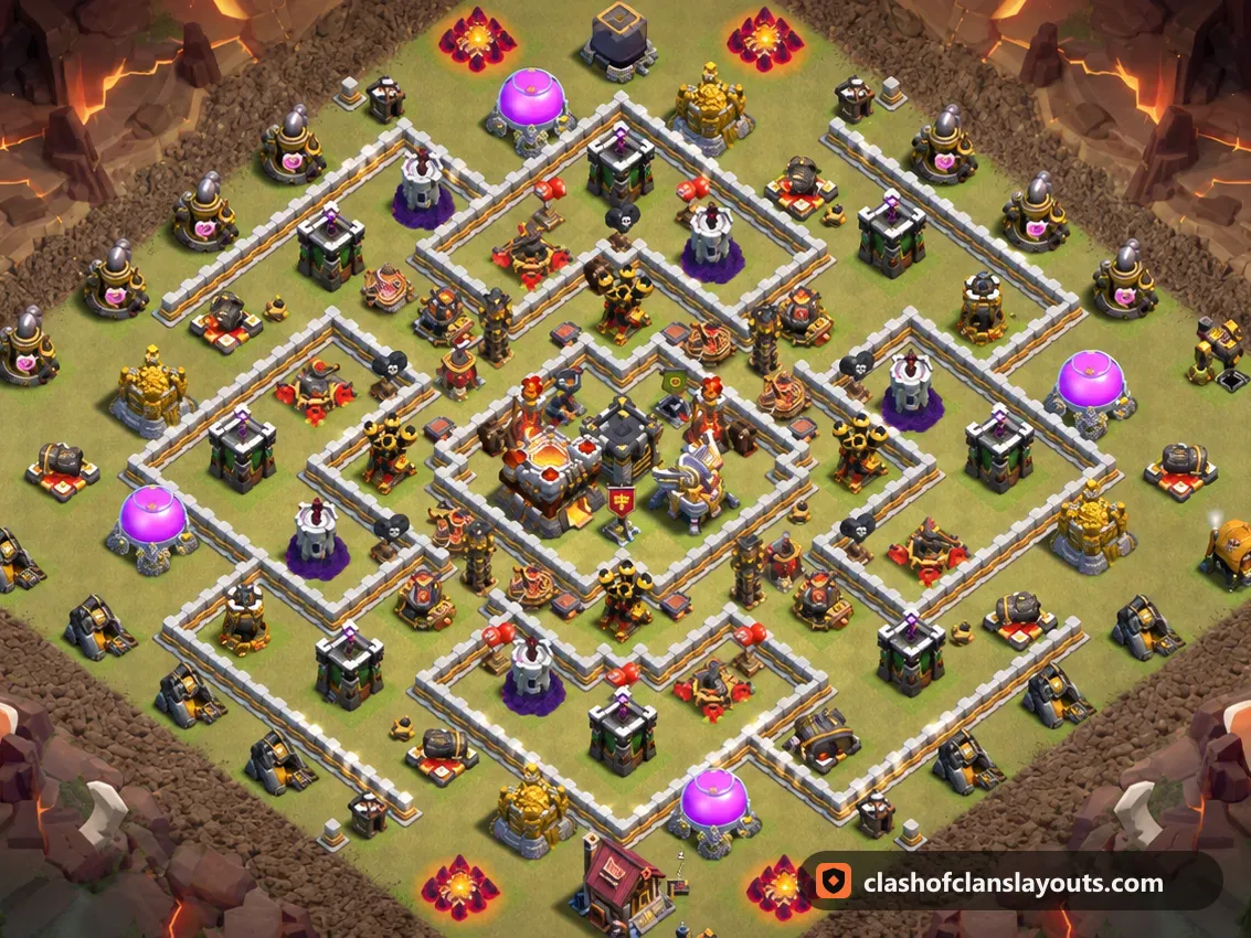 TH11 War Base Layout 201: Clash of Clans Town Hall 11 war base layout, full base picture
