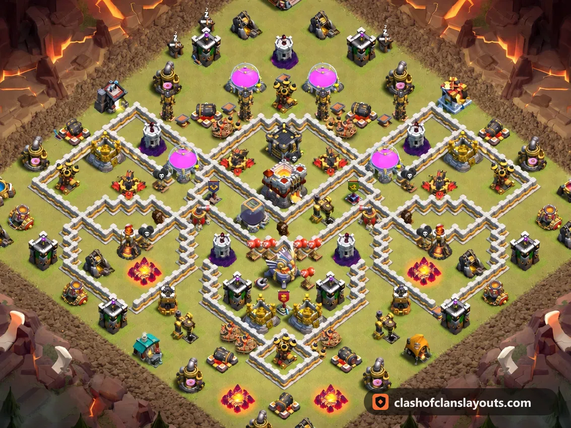 TH11 War Base Layout 203: Clash of Clans Town Hall 11 war base layout, full base picture