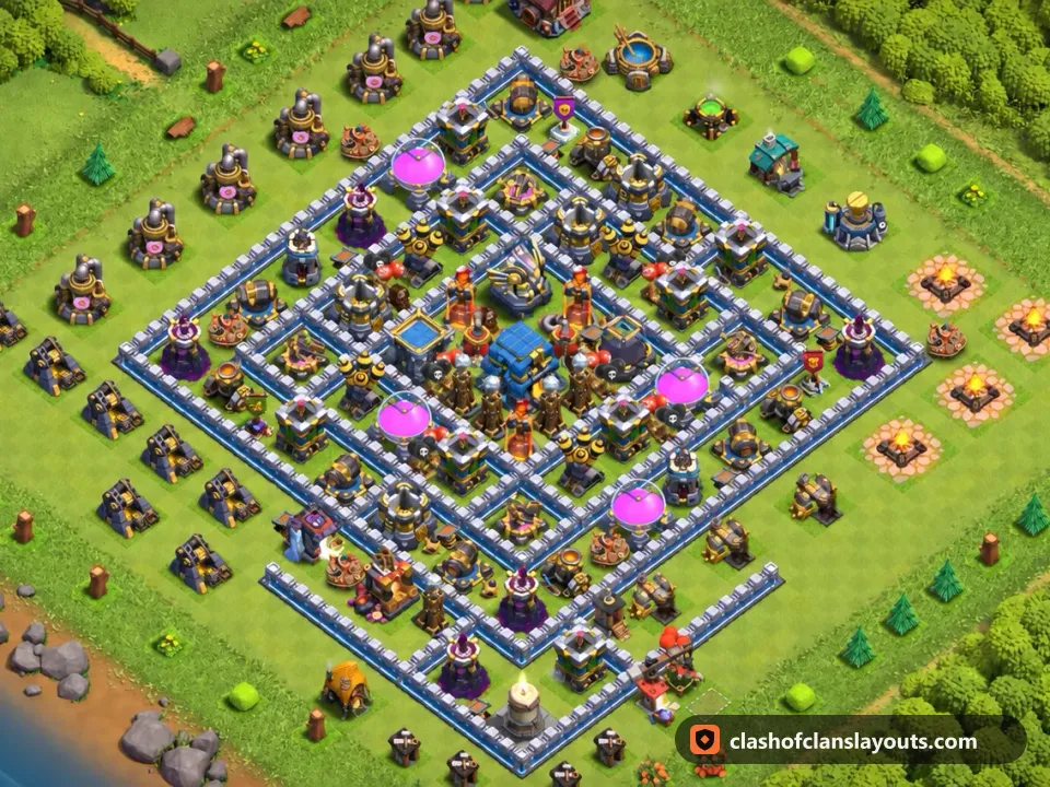TH12 Farm Base Layout 101: Clash of Clans Town Hall 12 farm base layout, full base picture