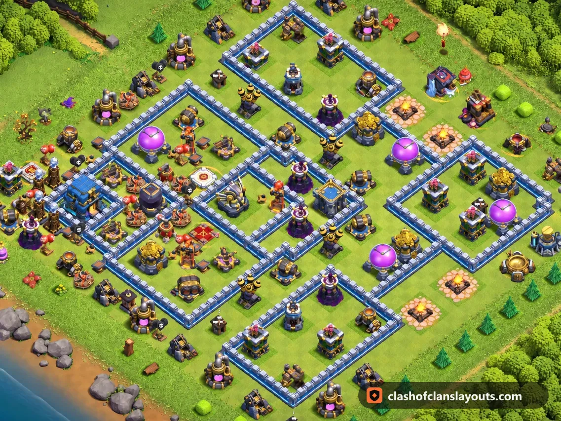 TH12 Hybrid Base Layout 72: Clash of Clans Town Hall 12 hybrid base layout, full base picture
