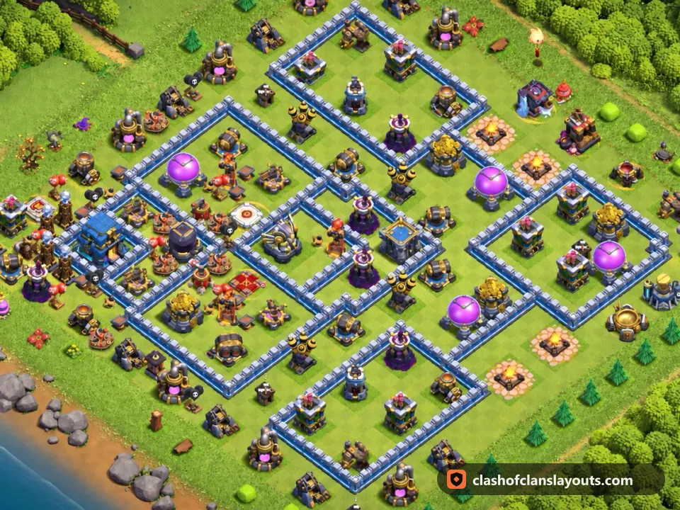 TH12 Hybrid Base Layout 72: Clash of Clans Town Hall 12 hybrid base layout, full base picture