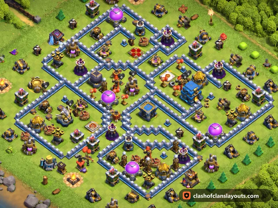 TH12 Hybrid Base Layout 73: Clash of Clans Town Hall 12 hybrid base layout, full base picture