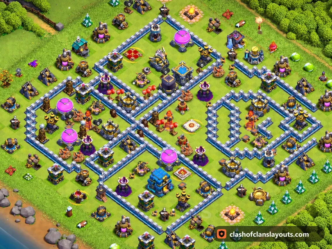TH12 Hybrid Base Layout 74: Clash of Clans Town Hall 12 hybrid base layout, full base picture