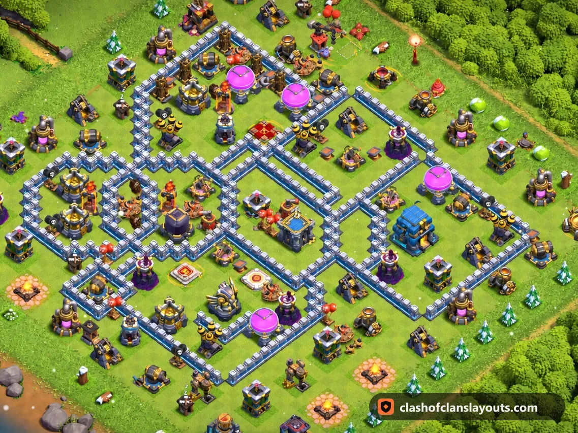 TH12 Hybrid Base Layout 75: Clash of Clans Town Hall 12 hybrid base layout, full base picture