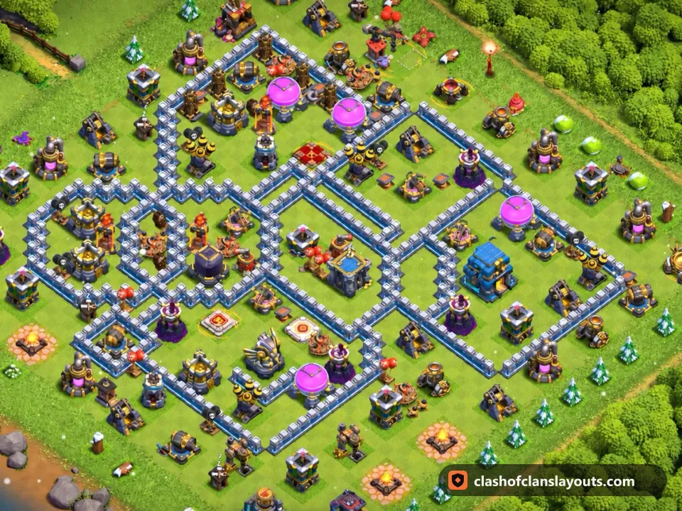 TH12 Hybrid Base Layout 75: Clash of Clans Town Hall 12 hybrid base layout, full base picture