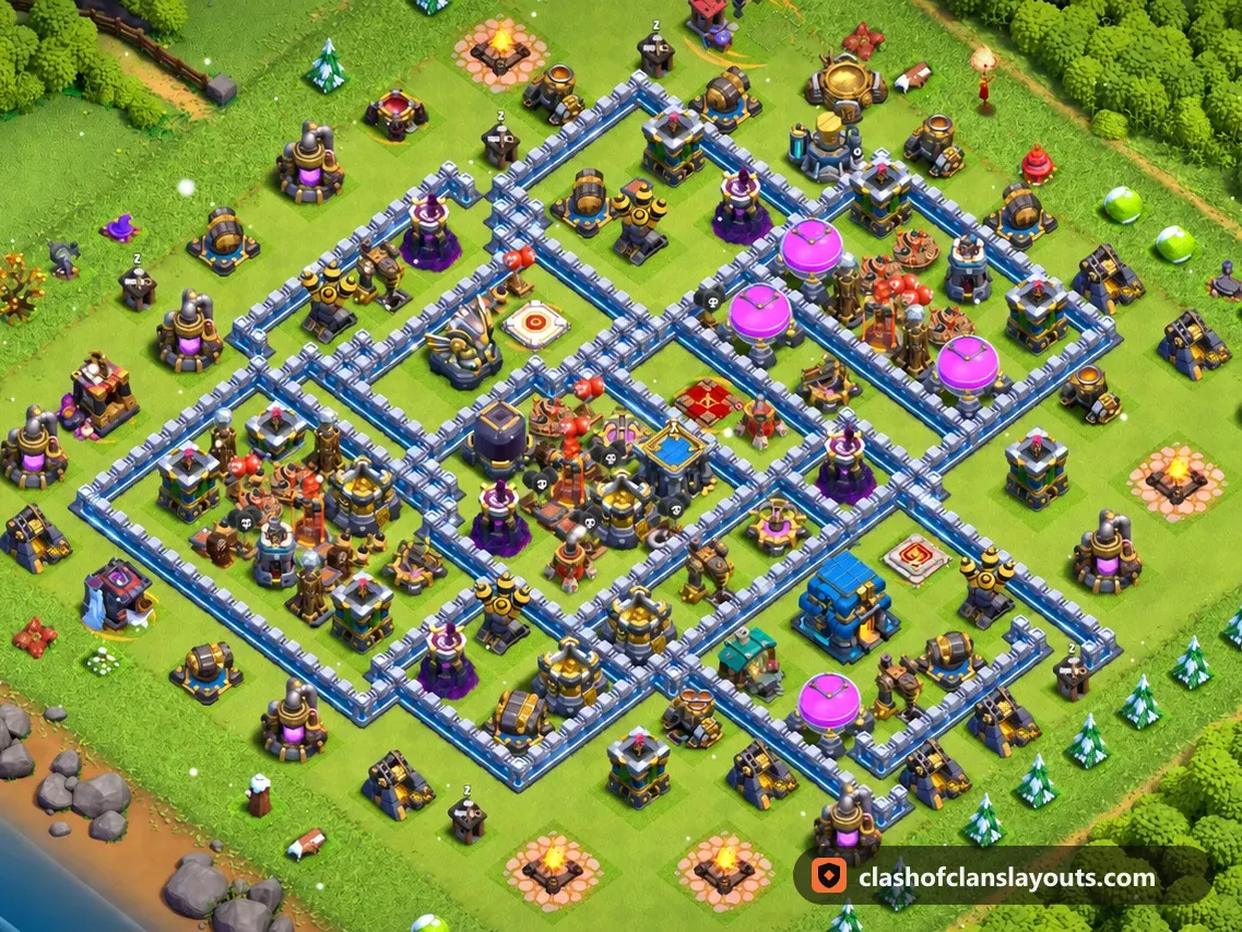 TH12 Hybrid Base Layout 76: Clash of Clans Town Hall 12 hybrid base layout, full base picture