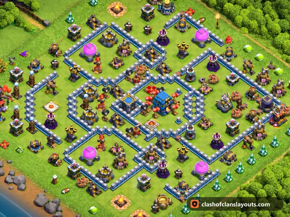 TH12 Hybrid Base Layout 77: Clash of Clans Town Hall 12 hybrid base layout, full base picture
