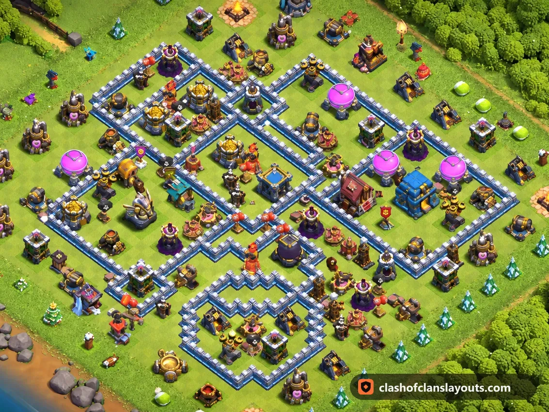 TH12 Hybrid Base Layout 78: Clash of Clans Town Hall 12 hybrid base layout, full base picture