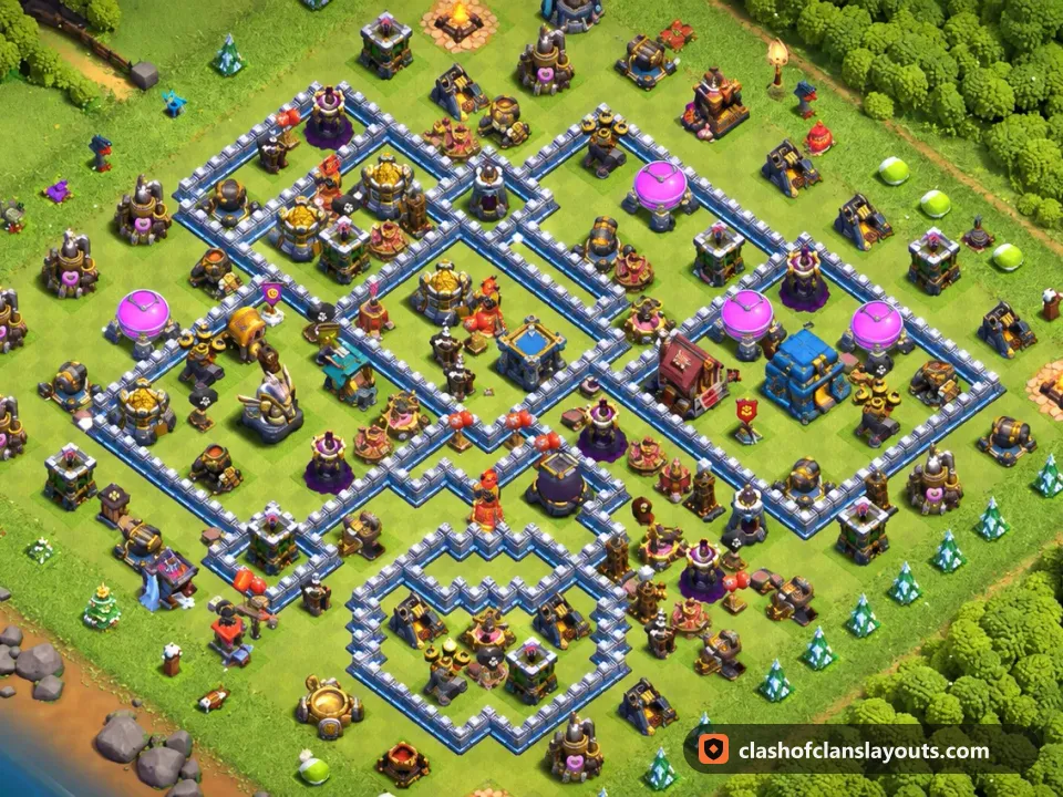 TH12 Hybrid Base Layout 78: Clash of Clans Town Hall 12 hybrid base layout, full base picture