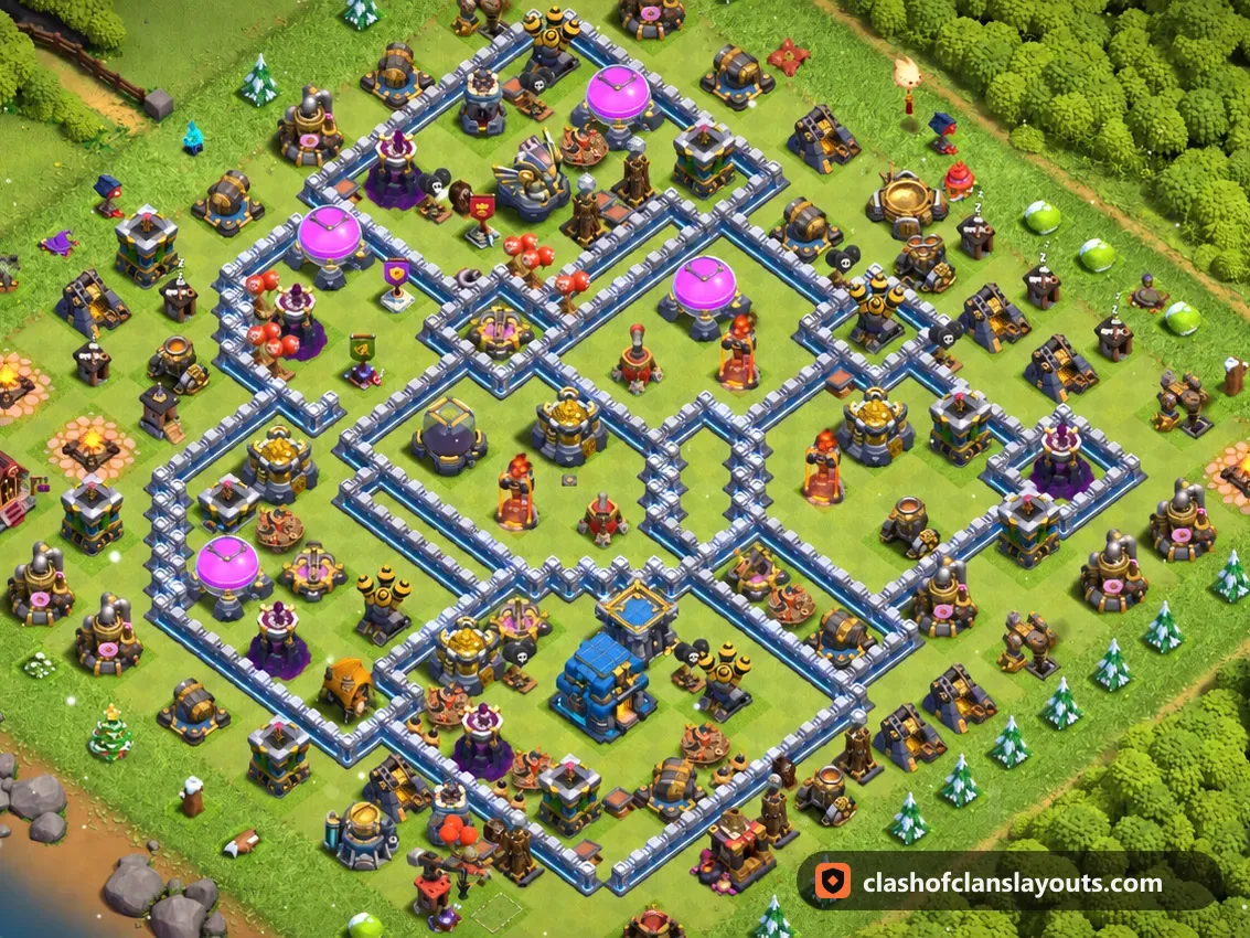 TH12 Hybrid Base Layout 79: Clash of Clans Town Hall 12 hybrid base layout, full base picture
