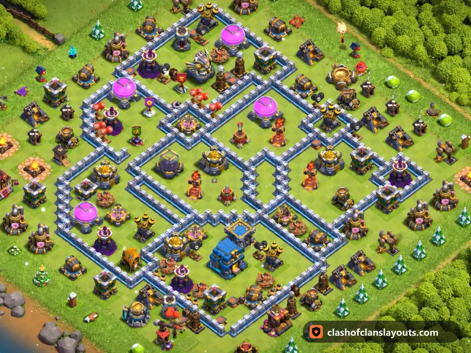 TH12 Hybrid Base Layout 79: Clash of Clans Town Hall 12 hybrid base layout, full base picture