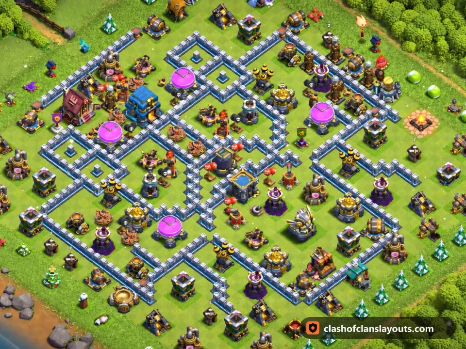 TH12 Hybrid Base Layout 80: Clash of Clans Town Hall 12 hybrid base layout, full base picture