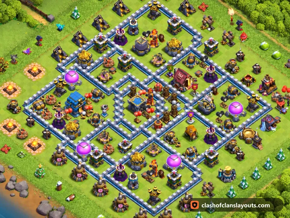 TH12 Hybrid Base Layout 82: Clash of Clans Town Hall 12 hybrid base layout, full base picture