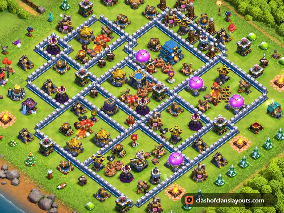 TH12 Hybrid Base Layout 85: Clash of Clans Town Hall 12 hybrid base layout, full base picture
