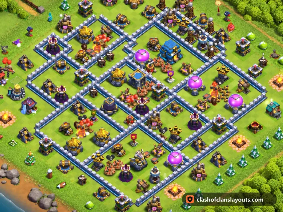 TH12 Hybrid Base Layout 85: Clash of Clans Town Hall 12 hybrid base layout, full base picture