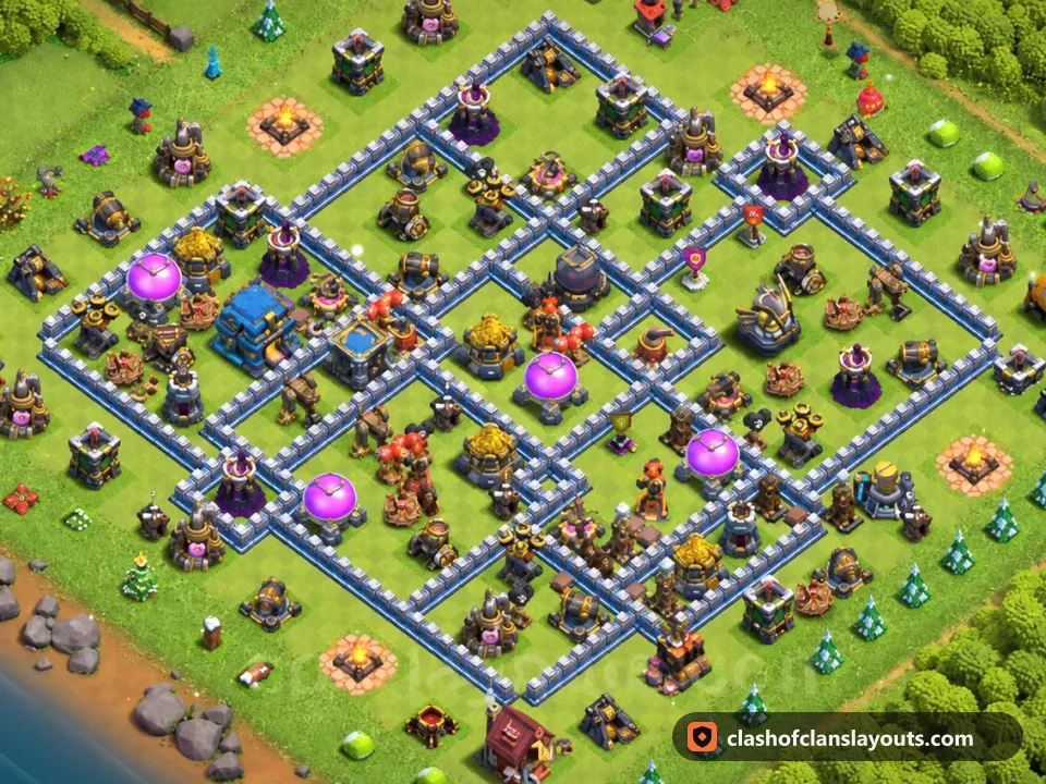 TH12 Hybrid Base Layout 86: Clash of Clans Town Hall 12 hybrid base layout, full base picture