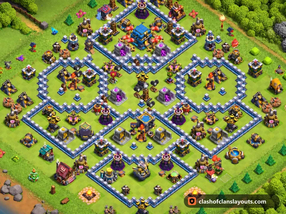 TH12 Trophy Base Layout 141: Clash of Clans Town Hall 12 trophy base layout, full base picture