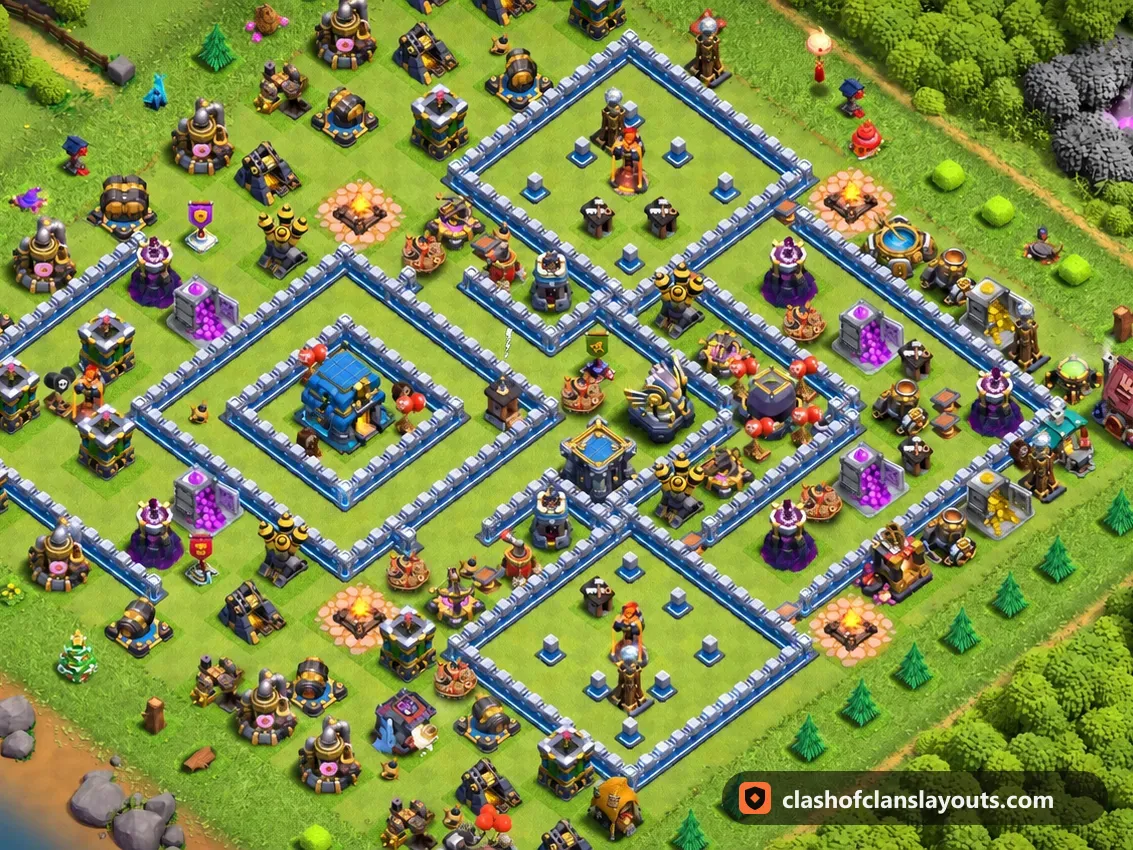 TH12 Trophy Base Layout 143: Clash of Clans Town Hall 12 trophy base layout, full base picture