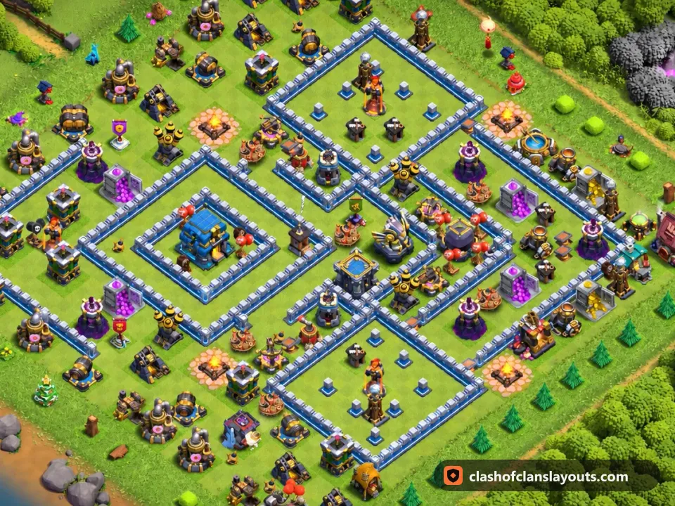 TH12 Trophy Base Layout 143: Clash of Clans Town Hall 12 trophy base layout, full base picture