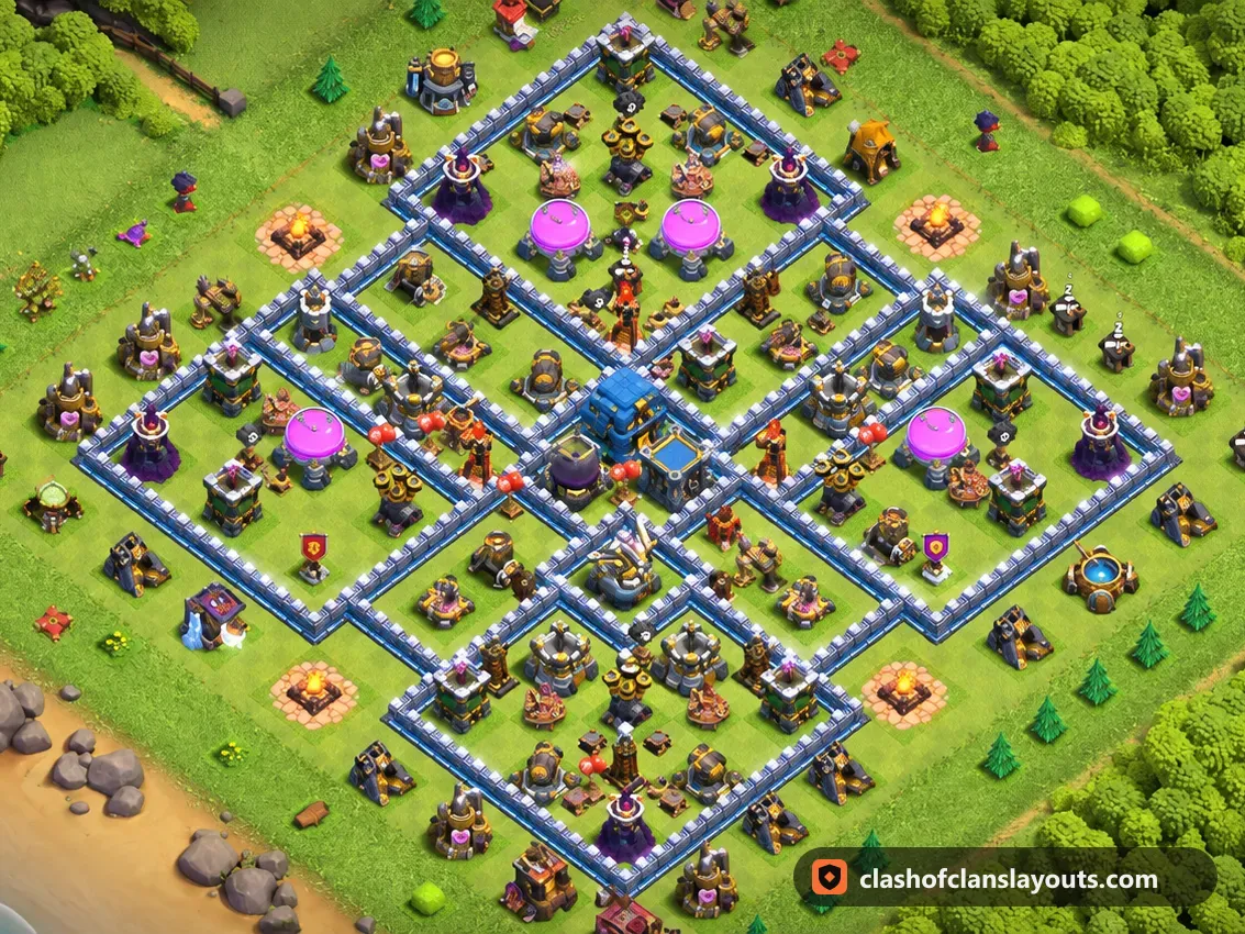 TH12 Trophy Base Layout 144: Clash of Clans Town Hall 12 trophy base layout, full base picture