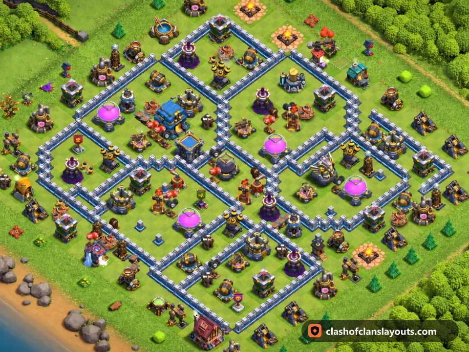 TH12 Trophy Base Layout 145: Clash of Clans Town Hall 12 trophy base layout, full base picture