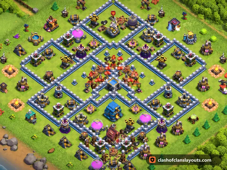 TH12 Trophy Base Layout 146: Clash of Clans Town Hall 12 trophy base layout, full base picture