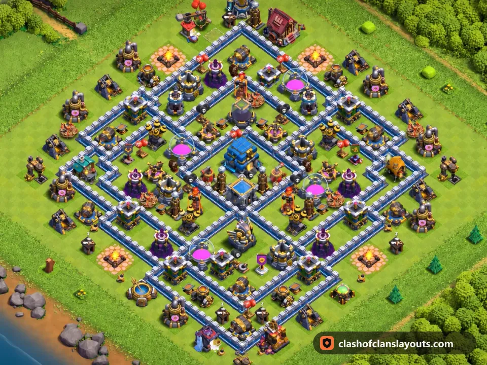TH12 Trophy Base Layout 148: Clash of Clans Town Hall 12 trophy base layout, full base picture