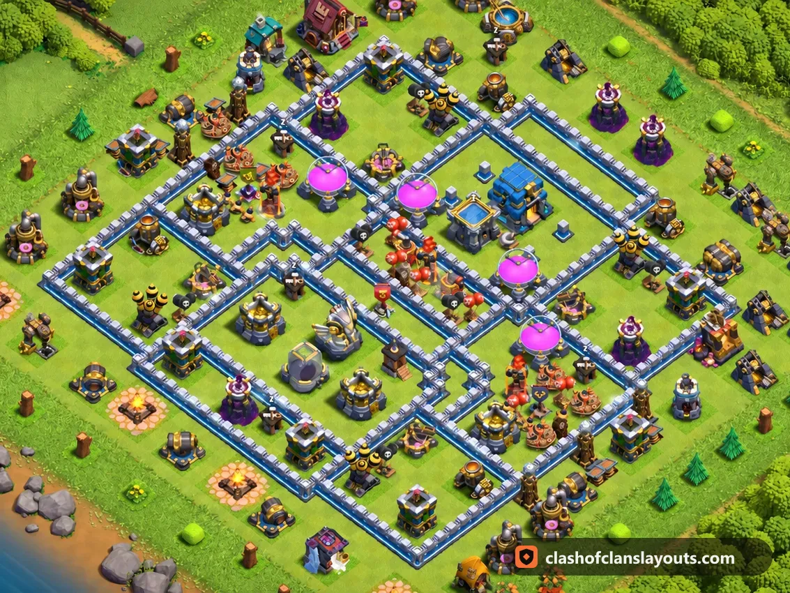 TH12 Trophy Base Layout 151: Clash of Clans Town Hall 12 trophy base layout, full base picture