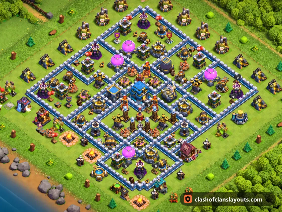 TH12 Trophy Base Layout 152: Clash of Clans Town Hall 12 trophy base layout, full base picture