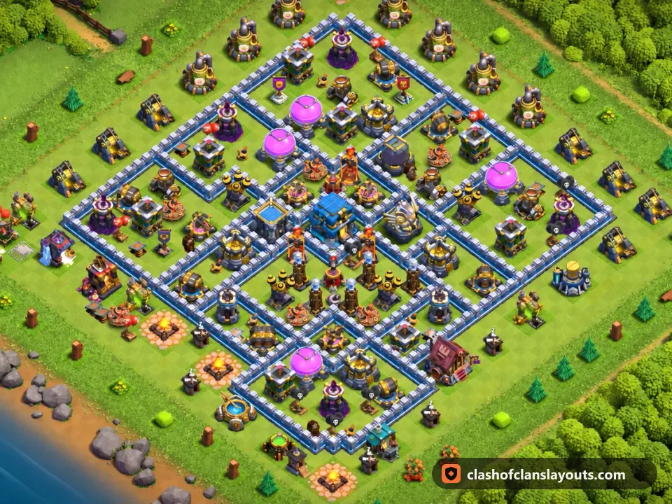 TH12 Trophy Base Layout 152: Clash of Clans Town Hall 12 trophy base layout, full base picture