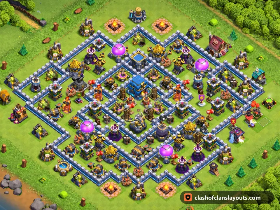 TH12 Trophy Base Layout 153: Clash of Clans Town Hall 12 trophy base layout, full base picture