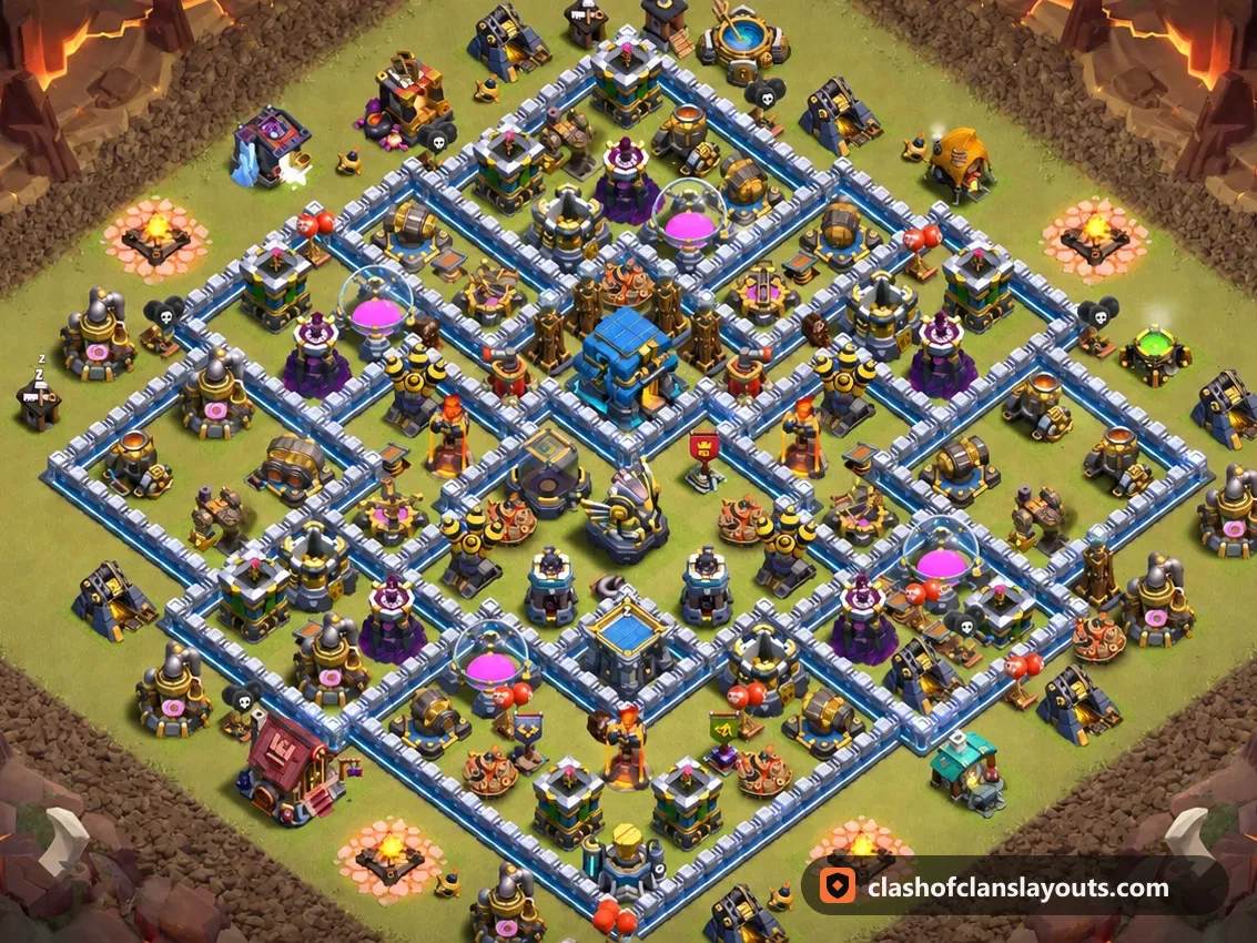 Kriegsbase TH12 196: Clash of Clans Kriegsbase für Rathaus 12, komplettes Bild der Base