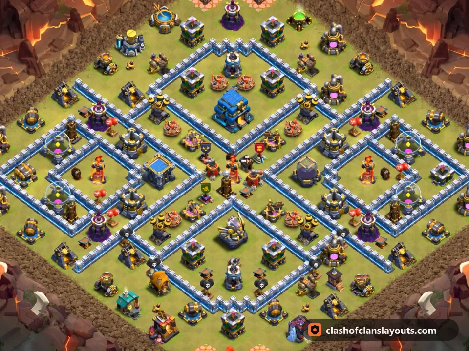 TH12 War Base Layout 197: Clash of Clans Town Hall 12 war base layout, full base picture