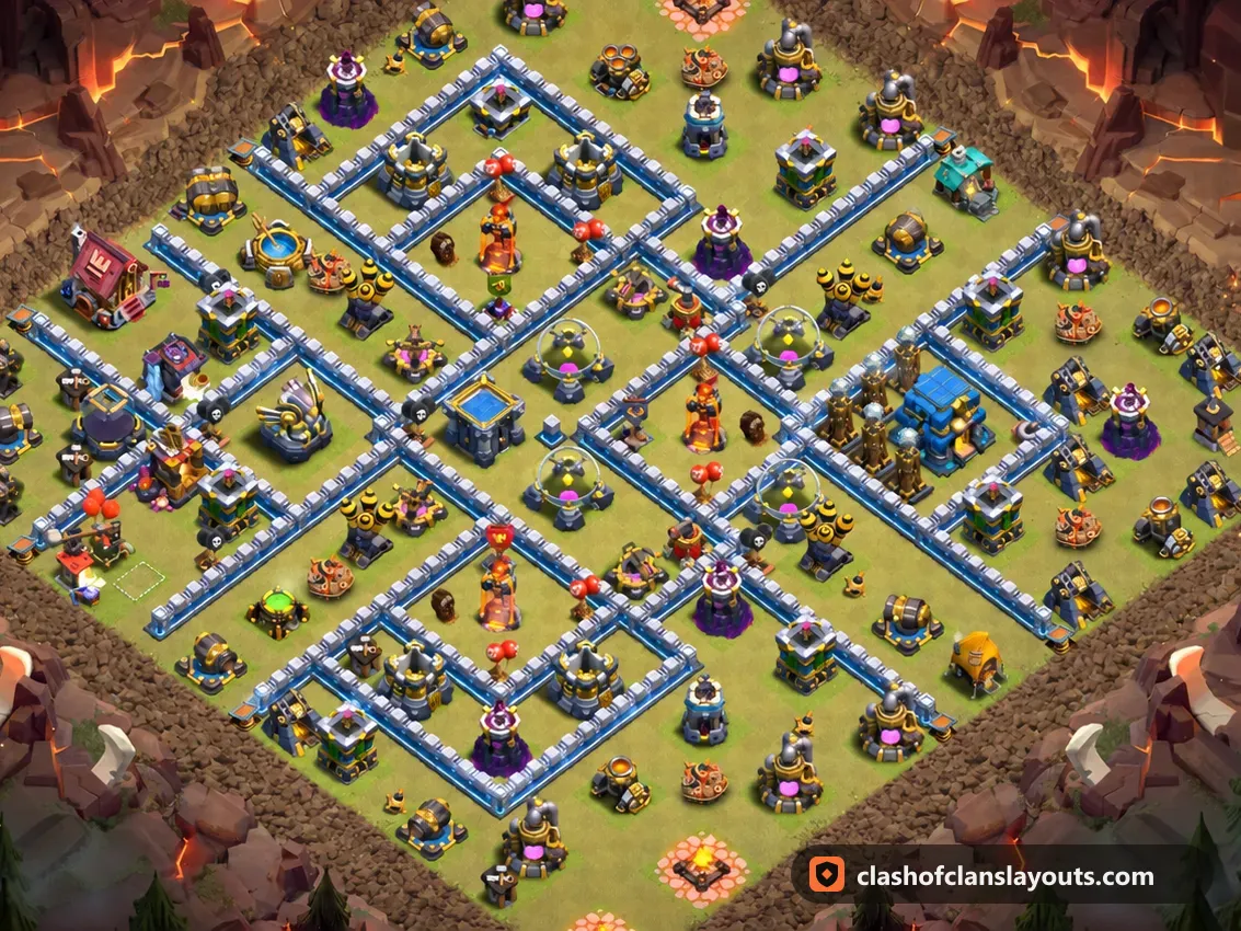 Kriegsbase TH12 198: Clash of Clans Kriegsbase für Rathaus 12, komplettes Bild der Base