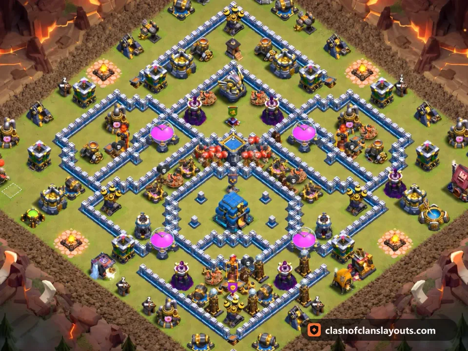 TH12 War Base Layout 200: Clash of Clans Town Hall 12 war base layout, full base picture