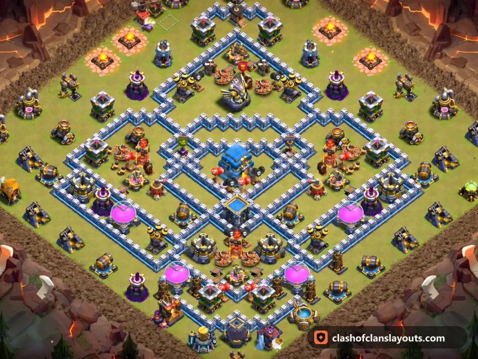 TH12 War Base Layout 201: Clash of Clans Town Hall 12 war base layout, full base picture