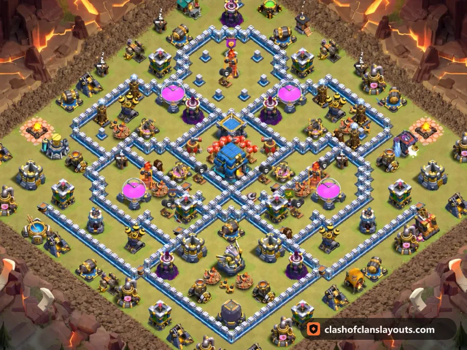 TH12 War Base Layout 202: Clash of Clans Town Hall 12 war base layout, full base picture
