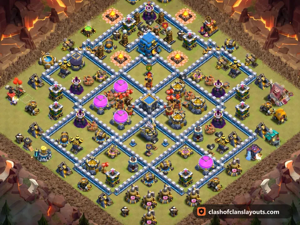 TH12 War Base Layout 203: Clash of Clans Town Hall 12 war base layout, full base picture