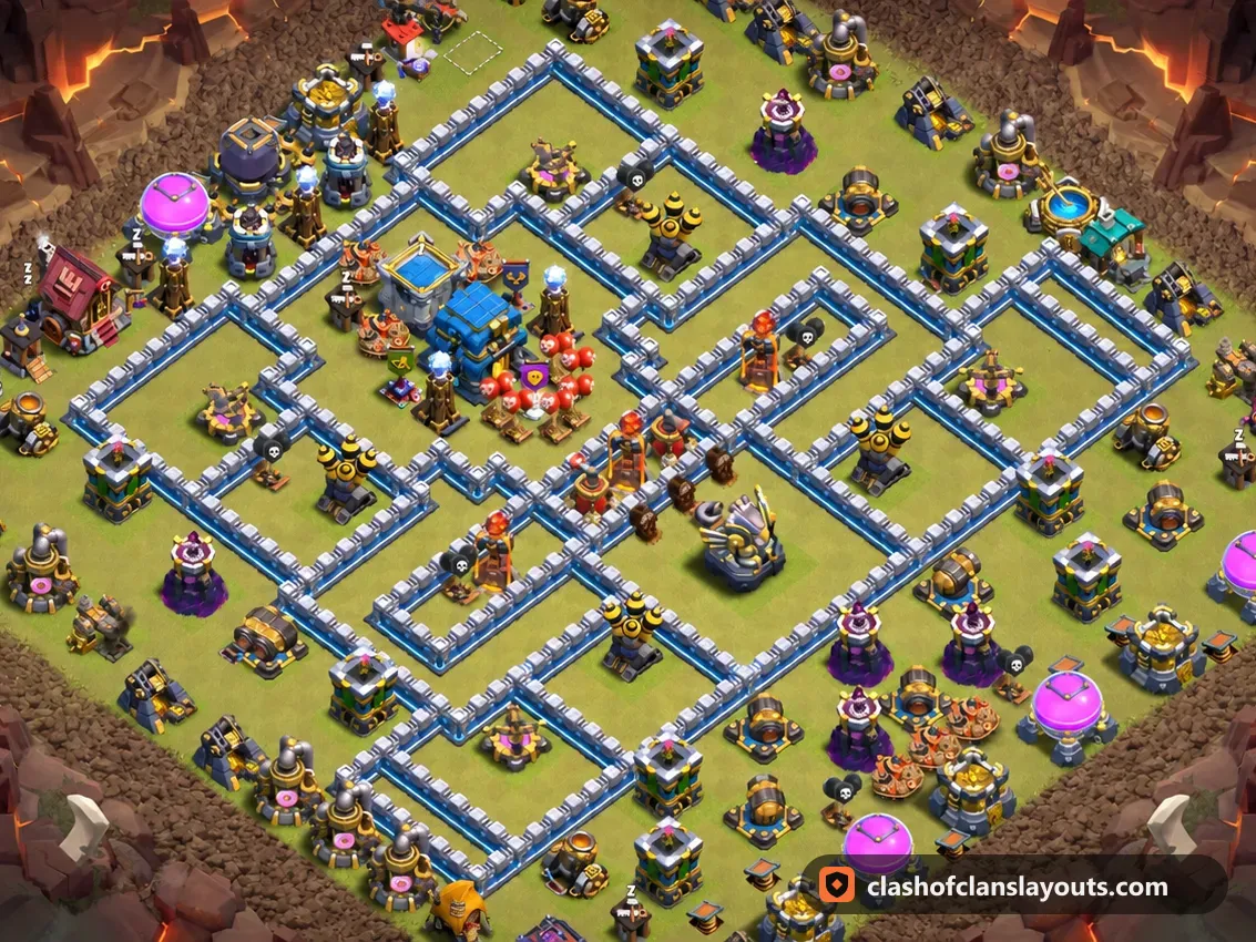 Kriegsbase TH12 204: Clash of Clans Kriegsbase für Rathaus 12, komplettes Bild der Base