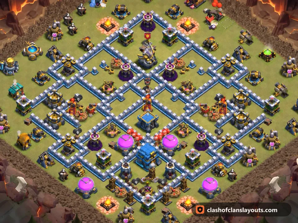 TH12 War Base Layout 205: Clash of Clans Town Hall 12 war base layout, full base picture